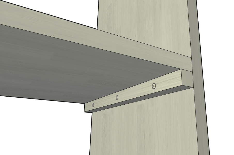 側板に細い角材をビスで固定し、その上に棚板を乗せる